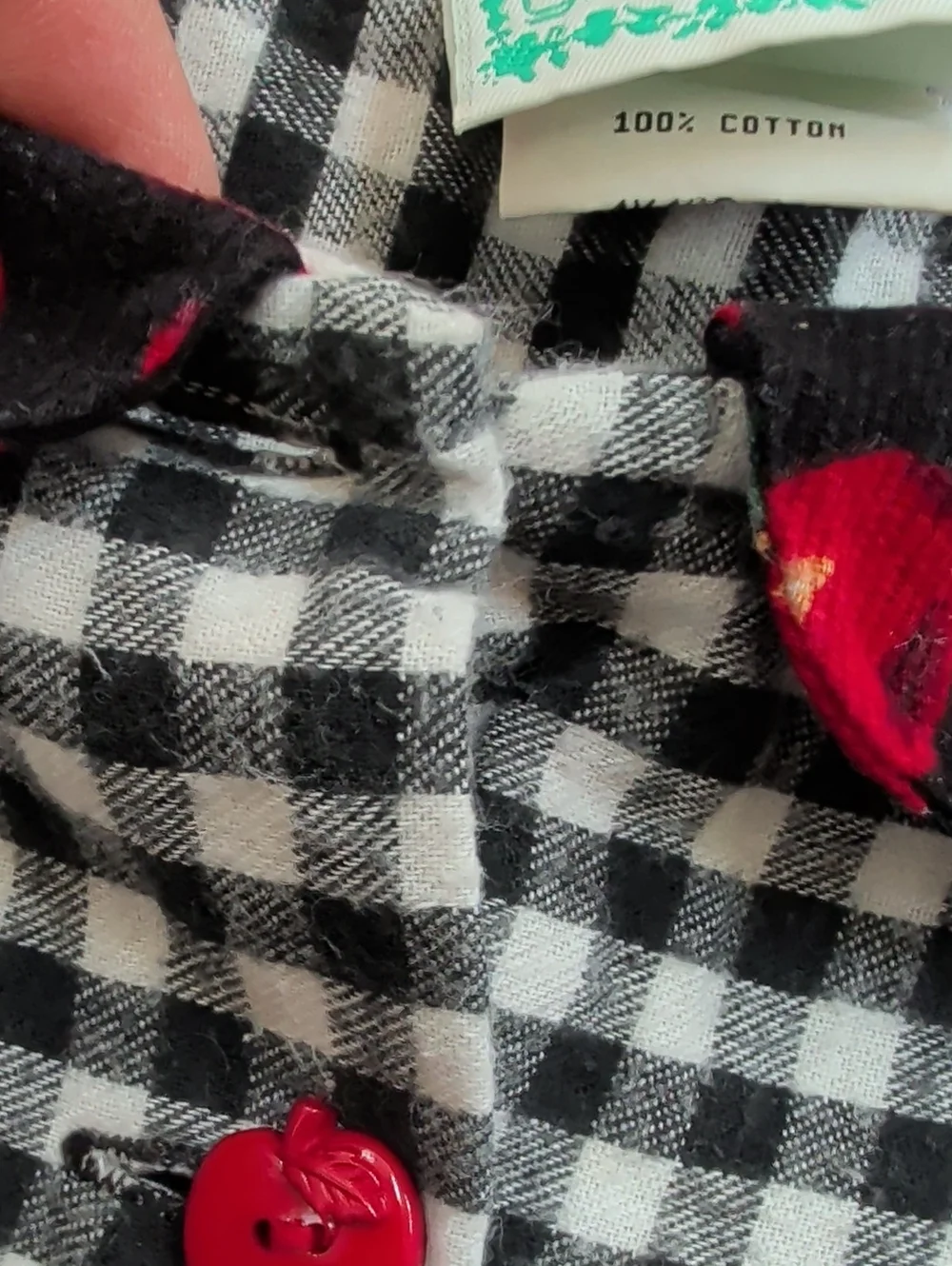 Kate Greenaway Vintage Flannel Black White Gingham Dress with Red Cherry Accents